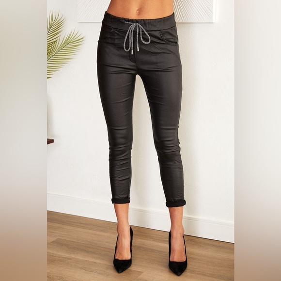 venti6 Pants - (7097-PU-BLK) PU CRINKLE JOGGERS WITH SILVER LUREX DRAWSTRING